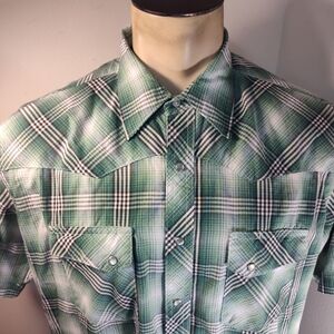 Wrangler Wrancher Men's XLT Green Plaid Pearl Snap VTG Shirt Sleeve Shirt
